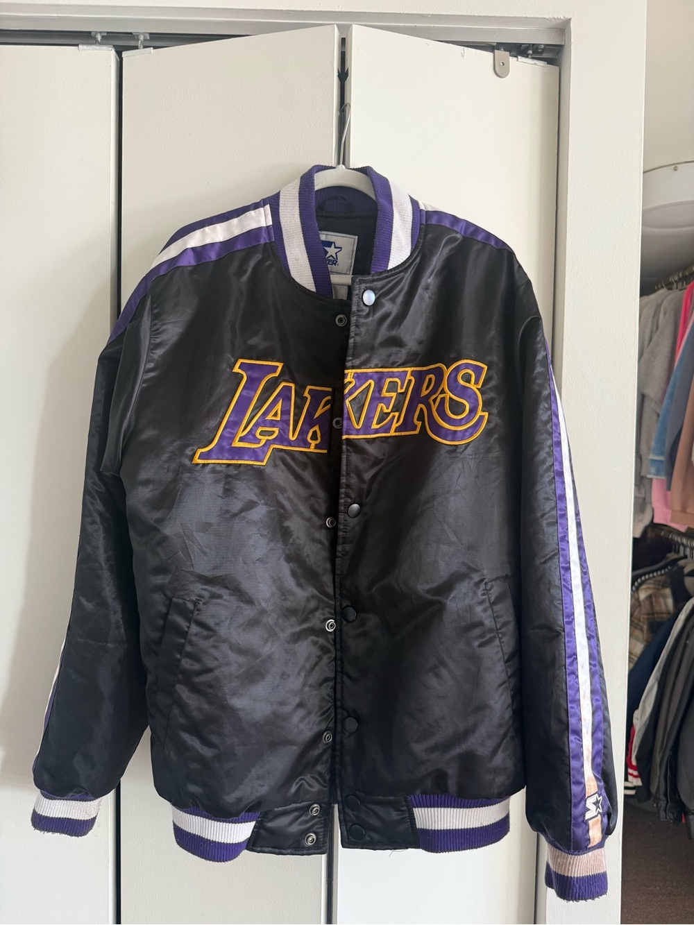STARTER Los Angeles Lakers Black and Purple Satin Varsity Jacket